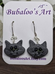 Grey Cat Dangle Earrings by Bubaloo's Art A69