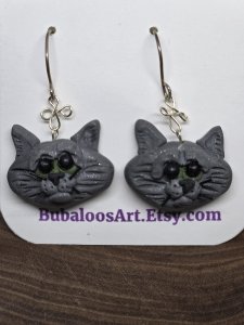 Grey Cat Dangle Earrings by Bubaloo's Art A69