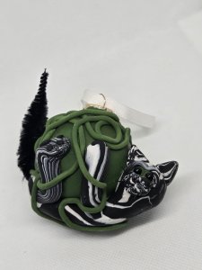 Black & Grey Cat with Ball of Green Yarn Polymer Clay Sculpture ~ Bubaloo's Art