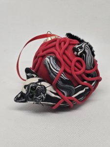 Black & White Cat with Ball of Red Yarn Polymer Clay Sculpture ~ Bubaloo's Art
