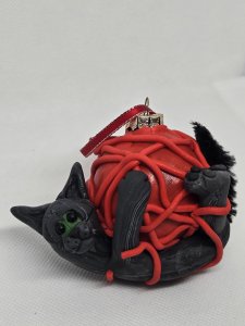 Black & Grey Cat with Ball of Red Yarn Polymer Clay Sculpture ~ Bubaloo's Art