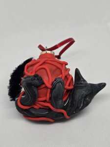 Black & Grey Cat with Ball of Red Yarn Polymer Clay Sculpture ~ Bubaloo's Art