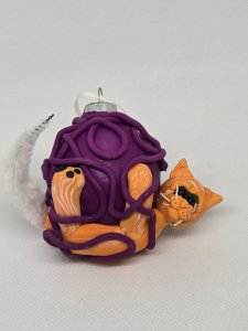 Orange Tabby Cat with Ball of Purple Yarn Polymer Clay Sculpture ~ Bubaloo's Art