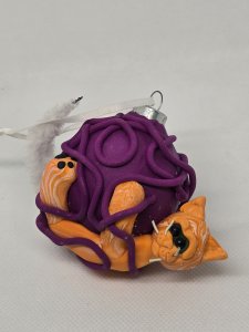 Orange Tabby Cat with Ball of Purple Yarn Polymer Clay Sculpture ~ Bubaloo's Art