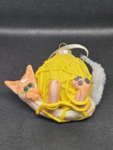 Orange Tabby Cat with Ball of Yellow Yarn Polymer Clay Sculpture ~ Bubaloo's Art