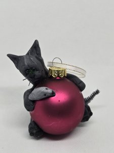 Grey Cat and mouse on a Pink Glass Ornament Clay Sculpture ~ Bubaloo's Art