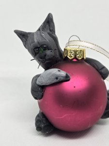 Grey Cat and mouse on a Pink Glass Ornament Clay Sculpture ~ Bubaloo's Art