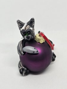 Calico Cat and mouse on a Purple Glass Ornament Clay Sculpture ~ Bubaloo's Art