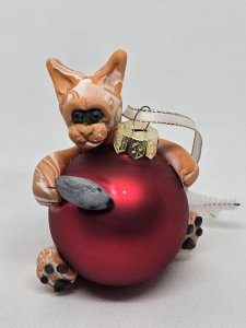 Orange Tabby Cat and mouse on a Red Glass Ornament Clay Sculpture ~ Bubaloo's Art