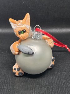 Orange Tabby Cat and mouse on a Silver Glass Ornament Clay Sculpture ~ Bubaloo's Art