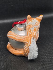 Orange Tabby Cat and mouse on a Silver Glass Ornament Clay Sculpture ~ Bubaloo's Art