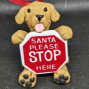 Golden Retriever Dog Holding a Santa Please STOP Here Sign Ornament ~ Bubaloo's Art