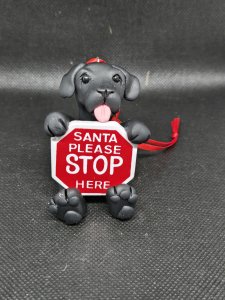 Black Lab Labrador Dog Holding a Santa Please STOP Here Sign Ornament ~ Bubaloo's Art