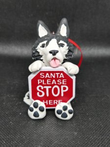 Siberian Husky Dog Holding a Santa Please STOP Here Sign Ornament ~ Bubaloo's Art