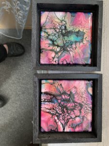 Pair of framed Red Acrylic painted ceramic tiles