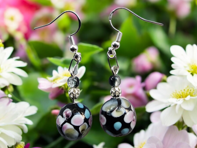 Handmade Dangle Earring Glass Bead Jewelry Spring Accessory Unique Gift for Her Woman Everyday Silver Plated Colorful Bohemian Floral