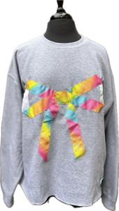 Bow sweatshirt. Gray w/ watercolor rainbow ribbon bow