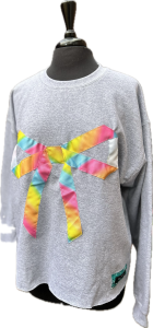 Bow sweatshirt. Gray w/ watercolor rainbow ribbon bow