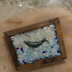 "Whale in Water Beach Glass Art - 5x7 Walnut Frame Coastal Decor"