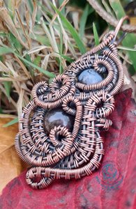 Snowflake Obsidian Hypersthene Copper Wire Wrapped Pendant
