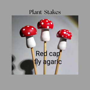 Mushroom plant stake, indoor home decor for plant lovers, red capped mushrooms, hand painted wood plant stakes