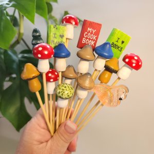 Mushroom plant stake, indoor home decor for plant lovers, red capped mushrooms, hand painted wood plant stakes