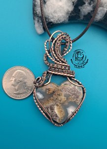 Moss Agate Heart Copper Wire Wrapped Pendant