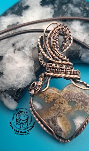Moss Agate Heart Copper Wire Wrapped Pendant