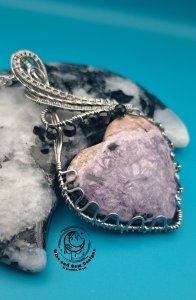Charoite w black tourmaline heart Stainless Steel Wire Wrapped Pendant