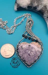 Charoite w black tourmaline heart Stainless Steel Wire Wrapped Pendant