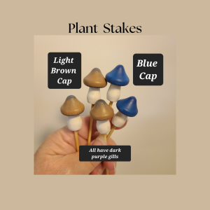 Mushroom plant stake, indoor home decor for plant lovers, blue capped mushrooms and brown capped