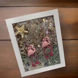 8x10 Framed Flamingos on the Beach Coastal Wall Art with Starfish and Unique Shells glass art wall decor, coastal art, coastal beach glass.