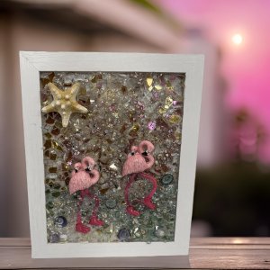8x10 Framed Flamingos on the Beach Coastal Wall Art with Starfish and Unique Shells glass art wall decor, coastal art, coastal beach glass.