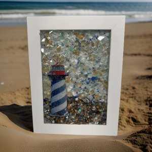 Lighthouse Coastal Decor - Beach Glass and Seashell Art in 5x7 White Frame
