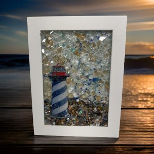 Lighthouse Coastal Decor - Beach Glass and Seashell Art in 5x7 White Frame