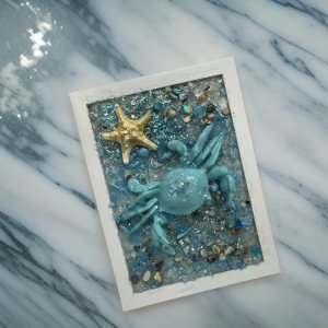 Handcrafted Blue Crab Beach Art - 5x7 Frame with Seashell and Starfish Accents