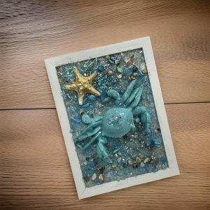 Handcrafted Blue Crab Beach Art - 5x7 Frame with Seashell and Starfish Accents