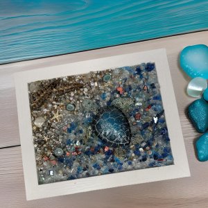 5x7 Blue Turtle Coastal Art – White Frame with Blue Glass Water, Rocky Beach,
