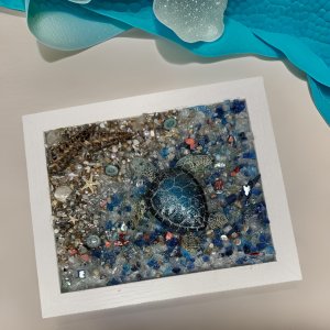 5x7 Blue Turtle Coastal Art – White Frame with Blue Glass Water, Rocky Beach,