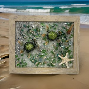 8x10 Sand Frame Coastal Art – Two Green Turtles with Sparkling Glass Water