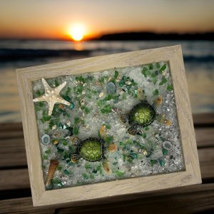 8x10 Sand Frame Coastal Art – Two Green Turtles with Sparkling Glass Water