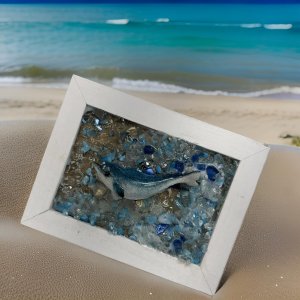 5x7 Dolphin Jumping Coastal Art – White Frame with Sparkling Glass Water