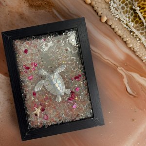 5x7 Black Frame Sea Turtle Art – Silvery Turtle with Glass Accents, Pink Crushed