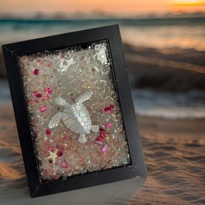 5x7 Black Frame Sea Turtle Art – Silvery Turtle with Glass Accents, Pink Crushed