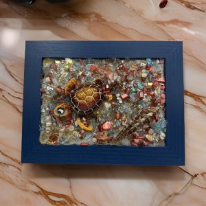 5x7 Blue Frame Sea Turtle Art – Adorable Big-Eyed Turtle with Starfish