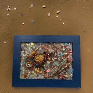 5x7 Blue Frame Sea Turtle Art – Adorable Big-Eyed Turtle with Starfish