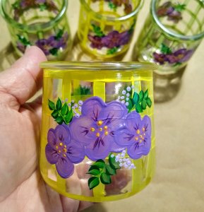Vase, Upcycled hand painted yogurt jar, violets home decor vases, tealight candle holder, candy dish