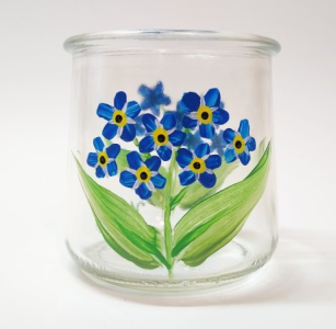 Forget-me-not vase home decor, tealight candle holder, upcycled hand painted yogurt jar, small vases