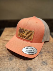 Buck on American Flag Leather Patch on Trucker Hat