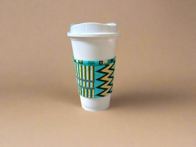 CUP100146 - Ethnic, Fabric, Patterned, Handmade  Dark Green, Green, White and Gold Cup Sleeve